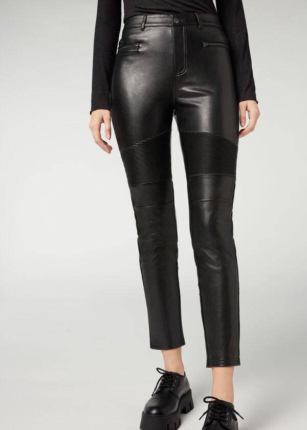 leggings térmicos ajustados de motociclista calzedonia para mujer color negro