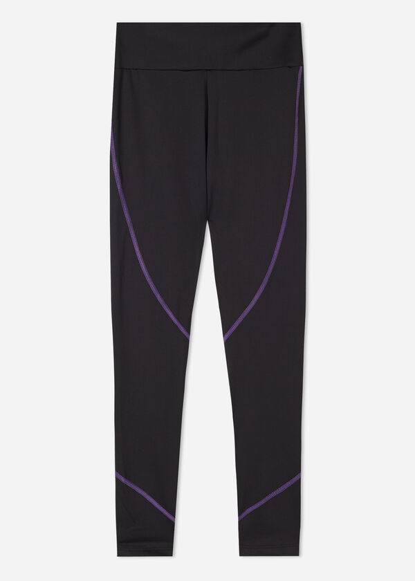 leggings deportivos de alto rendimiento calzedonia con costuras en contraste para mujer color negro y morado