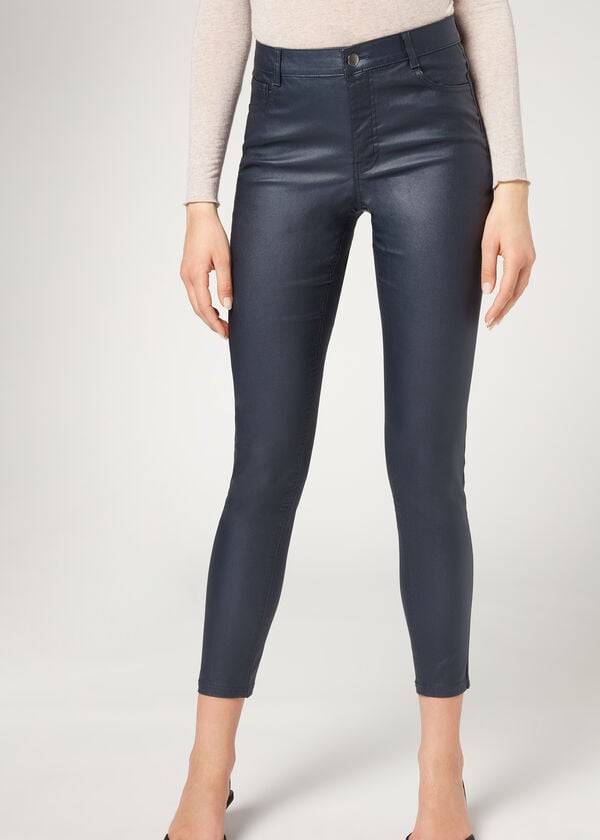 pantalones ajustados de piel sintética de calzedonia para mujer color azul marino