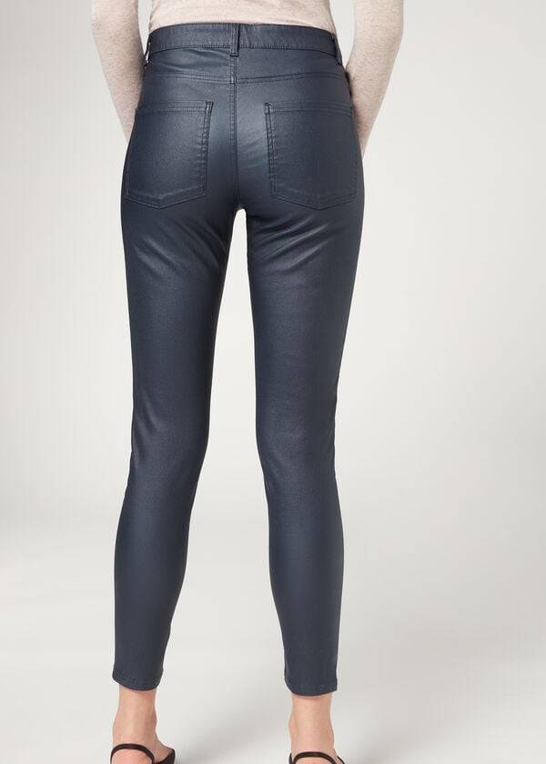 pantalones ajustados de piel sintética de calzedonia para mujer color azul marino