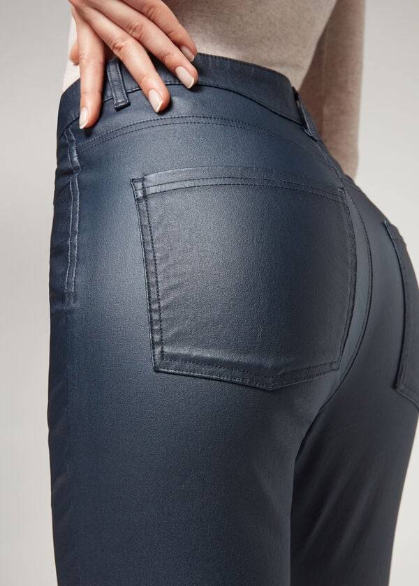 pantalones ajustados de piel sintética de calzedonia para mujer color azul marino