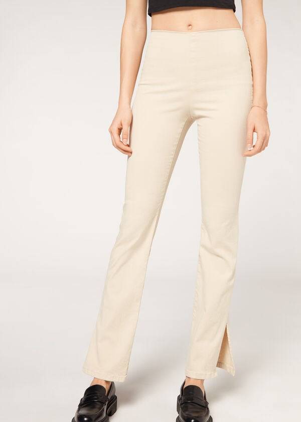 pantalones calzedonia de talle alto acampanados en denim con aberturas para mujer color marrónbeige