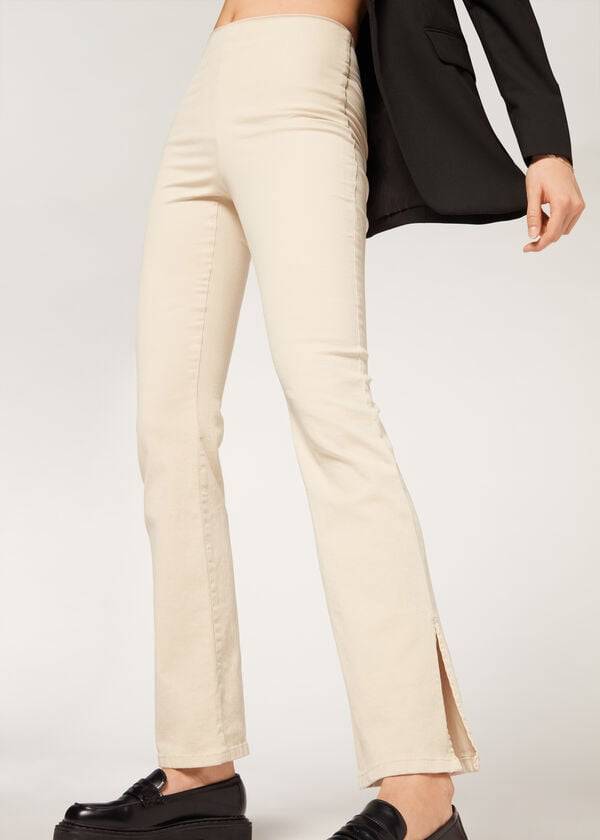 pantalones calzedonia de talle alto acampanados en denim con aberturas para mujer color marrónbeige