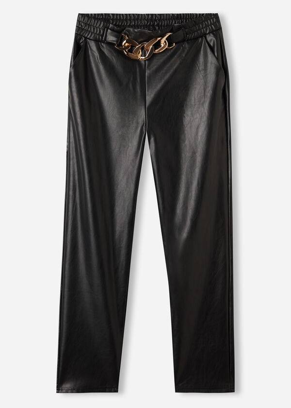 pantalones negros calzedonia con efecto térmico recubierto y ribete de cadena para mujer