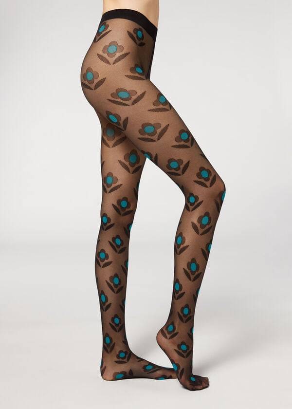 medias calzedonia macro daisy micronet con estampado para mujer color negro y azul
