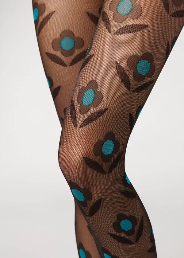 medias calzedonia macro daisy micronet con estampado para mujer color negro y azul