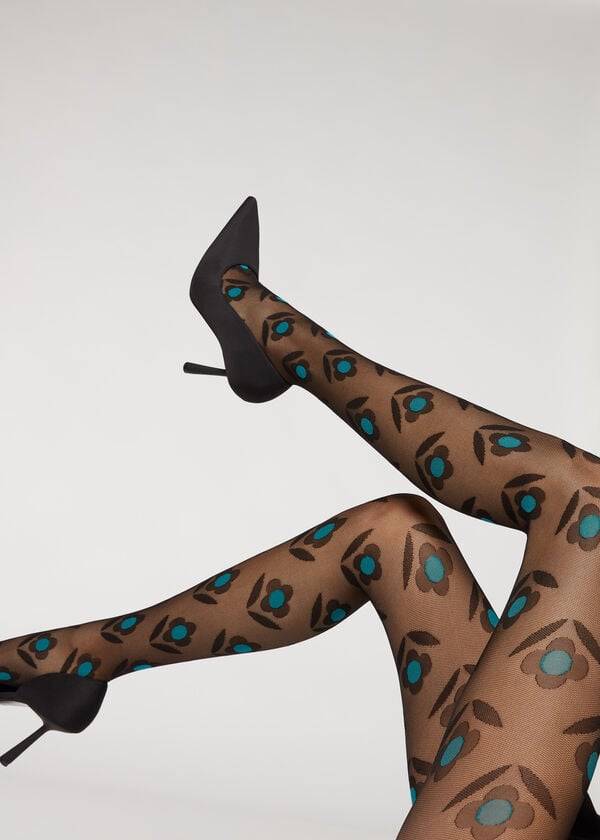 medias calzedonia macro daisy micronet con estampado para mujer color negro y azul