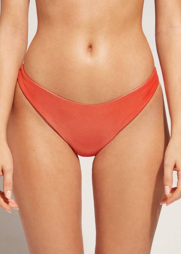 braguita de bikini brasileña de corte alto con efecto recubierto de calzedonia en color naranja coral para mujer