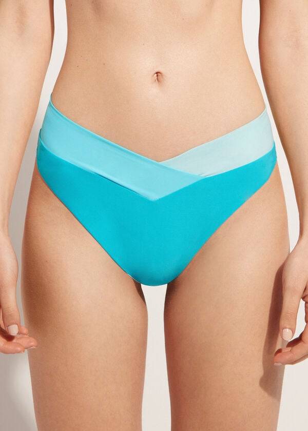 braguita de bikini brasileña azzorre de corte alto calzedonia para mujer color turquesa y verde
