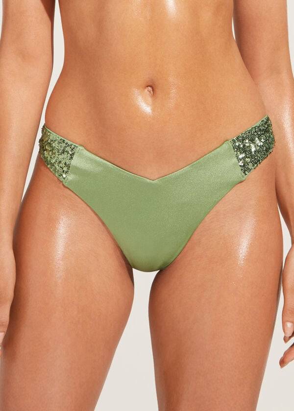 braguita de bikini brasileña de corte alto con lentejuelas de calzedonia para mujer color verde