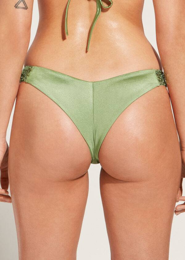 braguita de bikini brasileña de corte alto con lentejuelas de calzedonia para mujer color verde