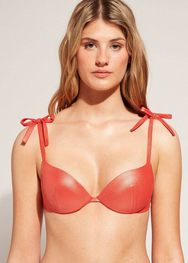 bikini de mujer calzedonia con push-up acolchado y graduado color coral y naranja