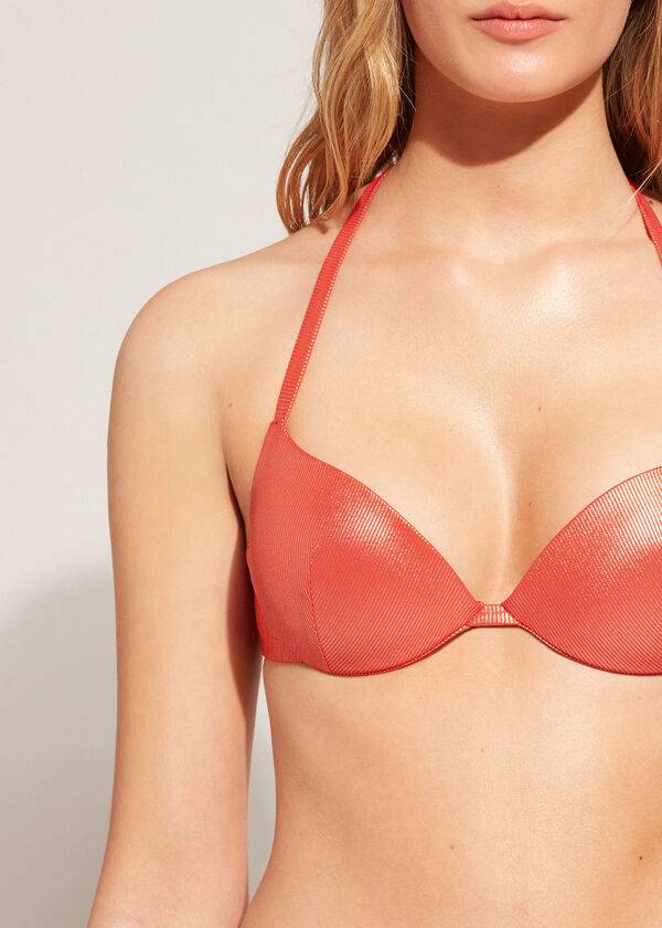 bikini de mujer calzedonia con push-up acolchado y graduado color coral y naranja