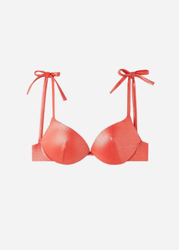 bikini de mujer calzedonia con push-up acolchado y graduado color coral y naranja