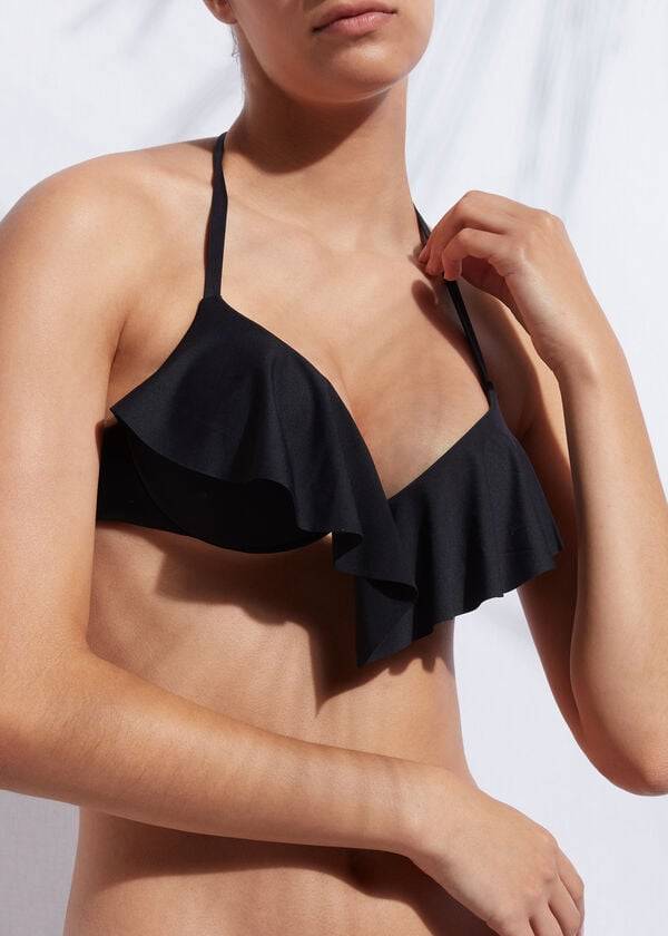 bikini negro con volantes y ultra push up de calzedonia indonesia para mujer