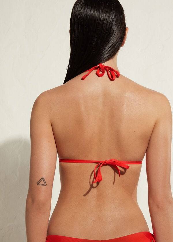 bikini triangular acolchado con pedrería ecológica de indonesia de calzedonia para mujer color rojo