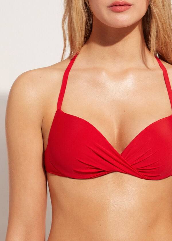 bikini de mujer indonesia con push-up superacolchado suave y graduado de calzedonia color rojo