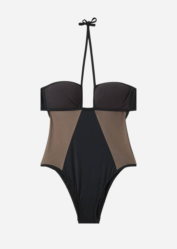 traje de baño de una pieza con inserto de tul de calzedonia tokyo para mujer color negro